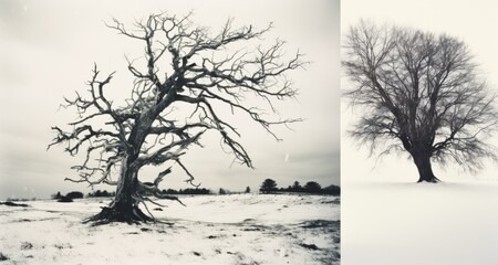 Vintage Aged Photograph of a Tree, Moody and Spooky, Dramatic Scene, Winter, Snow, Naked Tree, background, wallpaper, antique look, scraggy branches, artistic tree, horror mood, black and white, faded