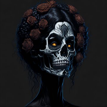 Illustration of a girl in the form of a white skull with a wreath of flowers. Day of the Dead character from Mexico. Image generated by artificial intelligence. Generative AI.