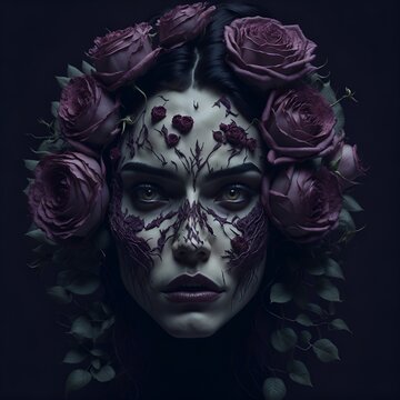 Illustration of a girl in the image of a fairy with a wreath of flowers. Skull make-up on the face. Day of the Dead character from Mexico. Image for design projects. I Generative AI.