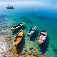 Obraz premium Summer beach with reef, sunny day and calm sea, fishing boats sail the ocean. Minimalistic composition of rest and enjoyment