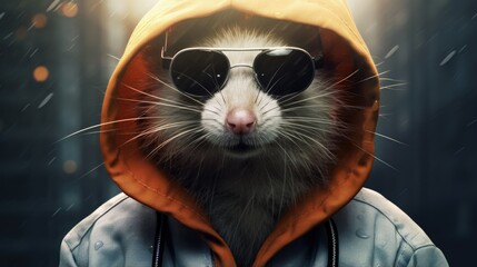 A poster for a rat with a hood  and glasses