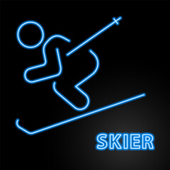 skier neon sign, modern glowing banner design, colorful modern design trend on black background. Vector illustration.