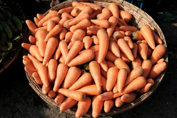 Carrots, displayed for sale at bazar. Carrots are a versatile and nutritious vegetable commonly...