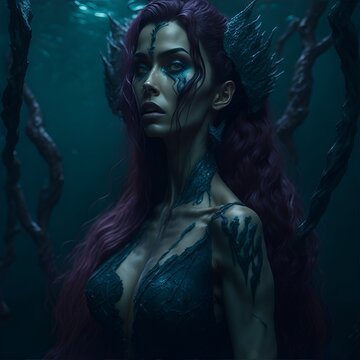 Illustration of a mermaid girl in the image of a sea maiden. Gothic, fabulous style of the underwater queen. Character design for game and design projects. Generative AI.