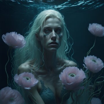 Illustration of a mermaid girl in the image of a sea maiden. Gothic, fabulous style of the underwater queen. Character design for game and design projects. Generative AI.