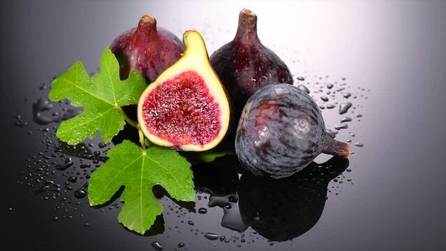 Fig fruit. Ripe sweet fresh figs fruits with leaves close up, on black background with water drops. Healthy sweet organic fruits. 
