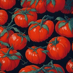 Red tomatoes. Watercolor digital 2D painting. Painted flowers. Vegetable pattern. Background for design projects. Ornament for fabric and packaging design. Generative AI.