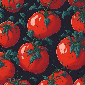 Red tomatoes. Watercolor digital 2D painting. Painted flowers. Vegetable pattern. Background for design projects. Ornament for fabric and packaging design. Generative AI.
