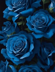 Blue roses. Watercolor digital 2D painting. Painted flowers. Floral pattern. Background for design projects. Ornament for fabric and packaging design. Generative AI. Fairy tale style.