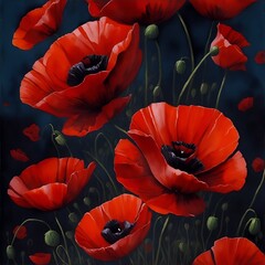 Red poppies. Watercolor digital 2D painting. Painted flowers. Floral pattern. Background for design projects. Ornament for fabric and packaging design. Generative AI.