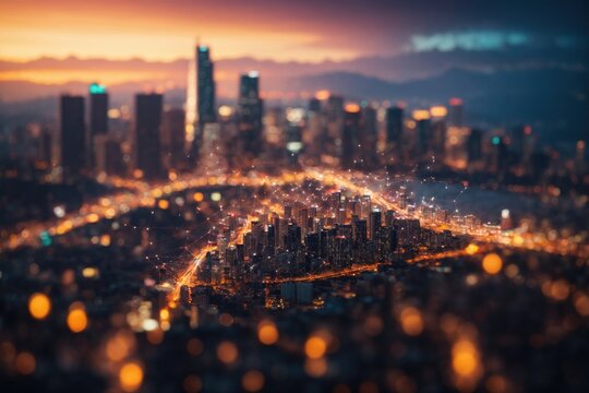 City skyline with network data conection on bokeh sunset. ai generative