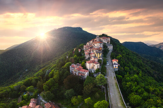 Panoramic aerial view of Sacro Monte di Varese during golden hour, Santa Maria del Monte, Varese, Italy