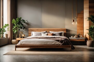 Interior design of modern bedroom with wooden bed. ai generative