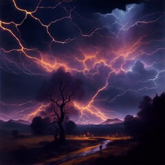 Landscape with a thunderstorm. Decorative digital 2D painting. Color illustration for background. Picturesque portrait for the interior. Wall mural, poster or picture for home. Generative AI.
