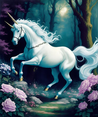 White unicorn in the forest. Decorative digital 2D painting. Color illustration for background. Picturesque portrait for the interior. Wall mural, poster or picture for home. Generative AI.