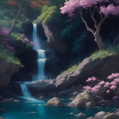 Waterfall in the fairy forest. Decorative digital 2D painting. Color illustration for background. Watercolor landscape for the interior. Wall mural, poster or picture for home. Generative AI.