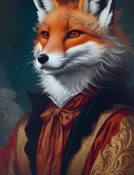 Fox in medieval costume. Decorative digital 2D painting. Color illustration for background. Picturesque portrait for the interior. Wall mural, poster or picture for home. Generative AI.