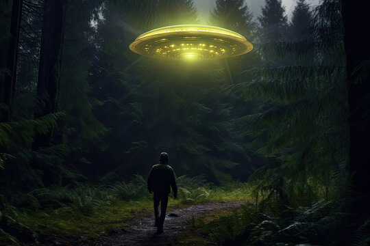 Alone man walks along a path with a hovering glowing UFO flying saucer above him In a mystical forest landscape at night