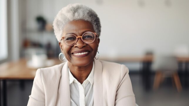 An elder woman assumes control during an office meeting. Generative AI