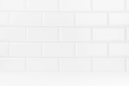 Elegant white abstract stage with white glossy ceramic rectangle tile wall, mockup abstract interior of bathroom, kitchen or scene for presentation, show, design in classic mediterranean style.