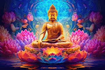 Zelfklevend Fotobehang glowing golden buddha and 3d multicolored flowers and lotuses background © Kien