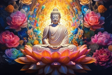 glowing golden buddha and 3d multicolored flowers and lotuses background - obrazy, fototapety, plakaty