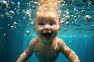 Fototapeta na wymiar Adorable baby experiencing the joy of swimming in a pool first time. With a big smile on face. Generative AI