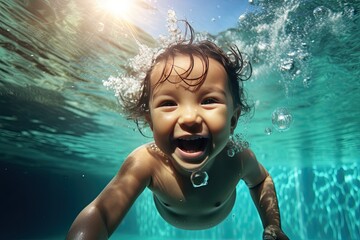 Adorable baby experiencing the joy of swimming in a pool first time. With a big smile on face. Generative AI