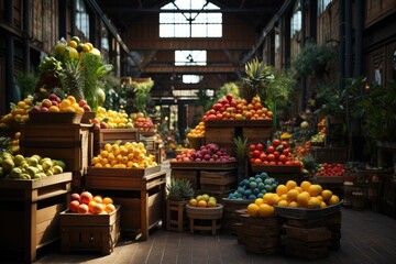 Imaginary illustration of a grocery storage room, warehouse. Food market interior.