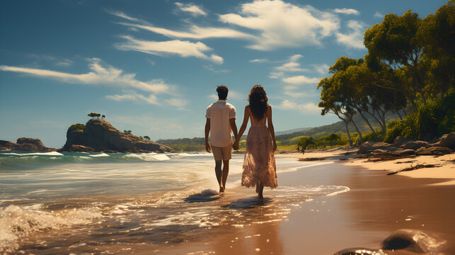 happy couple walking on beach back shot