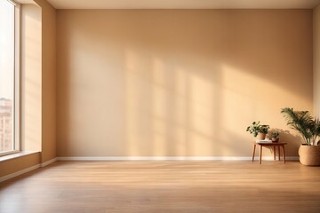 Beige wall empty apartment room with wooden floor. ai generative - obrazy, fototapety, plakaty