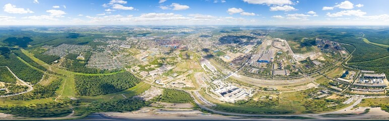 Lipetsk, Russia. Metallurgical plant. Blast furnaces. City view in summer. Sunny day. Panorama 360. Aerial view