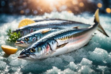 Fresh mackerel fish Scomber scrombrus on ice Seafood. ai generative - obrazy, fototapety, plakaty