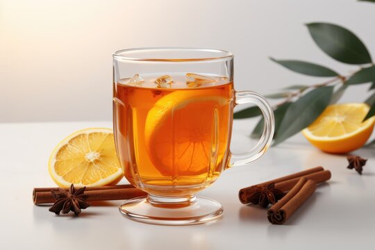 A cup of tea with lemon slices and cinnamon sticks. Fictional image.