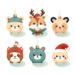 Set of Cute animal themed christmas tree ornaments on white background different styles and colors