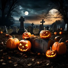 Halloween background with haunted house ghost bats and pumpkins graves
