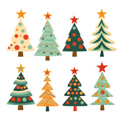 Set sheet of different styles cute cartoon christmas trees isolated on white background. Decoration for the holidays.