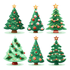 Set sheet of different styles cute cartoon christmas trees isolated on white background. Decoration for the holidays.