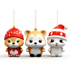 Obraz premium Set of Cute animal themed christmas tree ornaments on white background different styles and colors