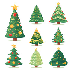 Set sheet of different styles cute cartoon christmas trees isolated on white background. Decoration for the holidays.