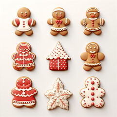 Set sheet of cute 3d ginger bread cookies for christmas. Holiday themed sweet buscuits on white background