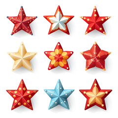 Obraz premium Collection of 3d christmas stars in different styles isolated on white background. Set of shaped ornaments.