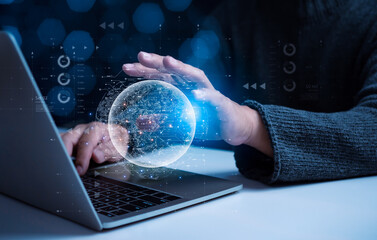 Web 3.0 concept with businessman in suit on gradient background. Technology and web concept 3.0. Technology global network. website internet development.