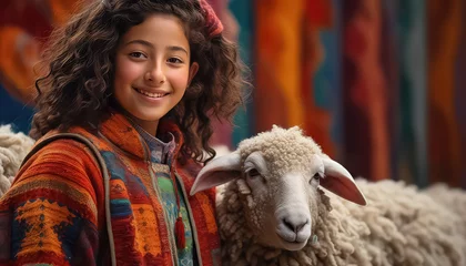 Fototapete Heringsdorf, Deutschland Little girl shepherd standing with her sheep in Mexico