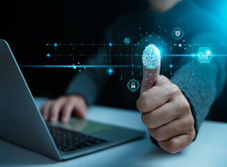 Businessman scan fingerprint biometric identity and approval. Secure access granted by valid...