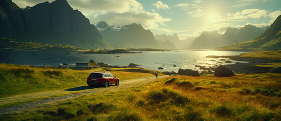 Fototapeta premium The sun setting over the scenic coastline of Lofoten Islands , car.