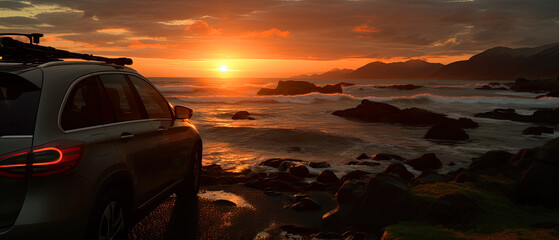  The sun setting over the scenic coastline of Lofoten Islands , car.