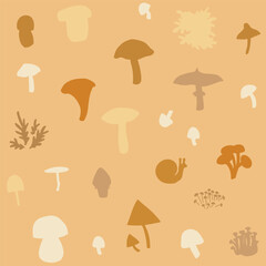 Mushroom silhouette on beige background. Hand drawn pastel seamless pattern.