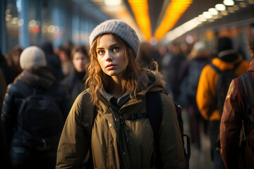 Obraz premium public transport concept , beautiful woman with backpack in subway hall or platform of the station or air terminal.
