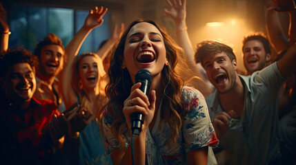Singing, entertainment and friends dancing in living room with a microphone to music, karaoke at home